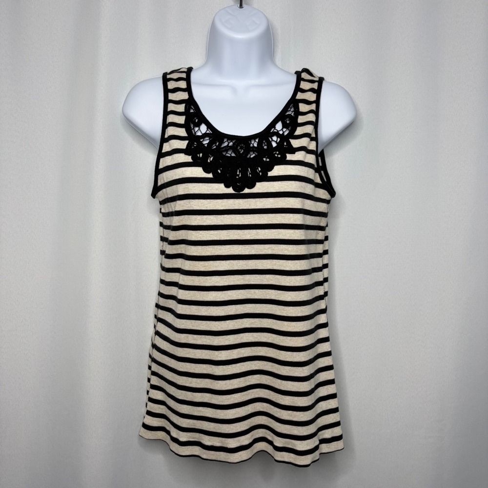 Allyson Whitmore Petite PL Striped Tank Top Black Cream Crochet Lace Neck Cotton